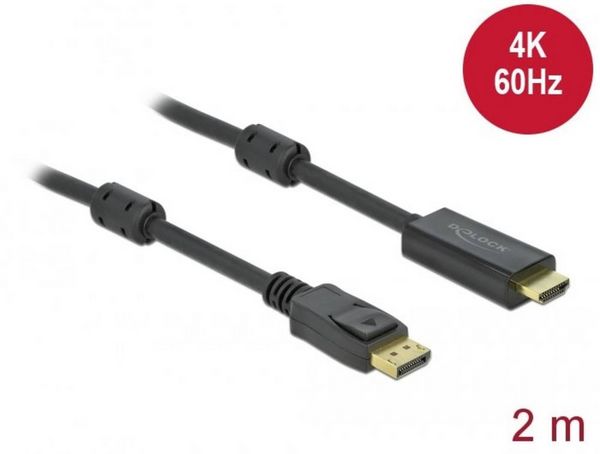 Produktbild: Delock DisplayPort / HDMI Anschlusskabel DisplayPort Stecker, HDMI-A Stecker 2 m Schwarz 85956 vergoldete Steckkontakte, 4K UHD DisplayPort-Kabel