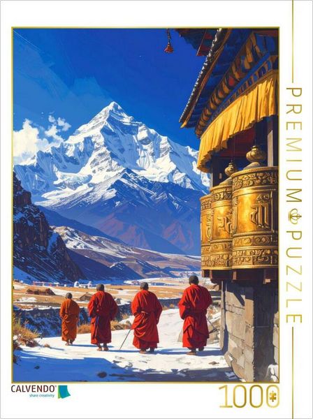 CALVENDO Puzzle Der Weg der Gebetsmühlen - Mönche in Tibet | 1000 Teile Lege-Größe 64x48cm Foto-Puzzle für glückliche Stunden