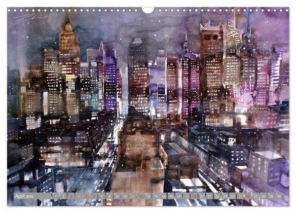 Produktbild: New York Watercolor Citylights (Wandkalender 2026 DIN A3 quer), CALVENDO Monatskalender
