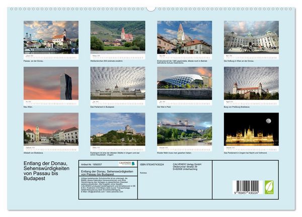 Produktbild: Entlang der Donau, Sehensw&uuml;rdigkeiten von Passau bis Budapest (hochwertiger Premium Wandkalender 2026 DIN A2 quer), Kunstdruck in Hochglanz