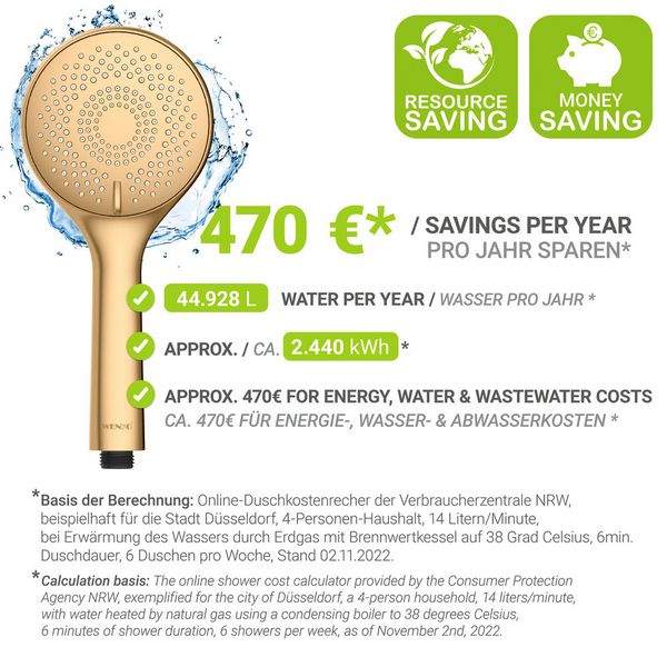 Produktbild: Duschkopf Watersaving Gold matt, Universal-Handbrause, &Oslash; 11 cm, 3 Strahlarten