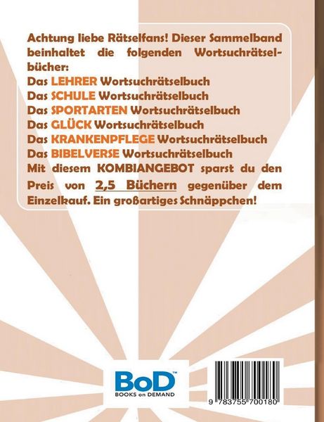 Produktbild: Wortsuchr&auml;tsel 6 in 1 Sammelband Lehrer, Schule, Sportarten, Gl&uuml;ck, Krankenpflege und Bibelverse