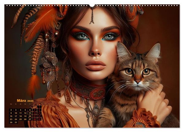 Produktbild: Luxuri&ouml;ser Bohemian Flair - Elegante Frauen mit anmutigen Katzen (hochwertiger Premium Wandkalender 2026 DIN A2 quer), Kunstdruck in Hochglanz