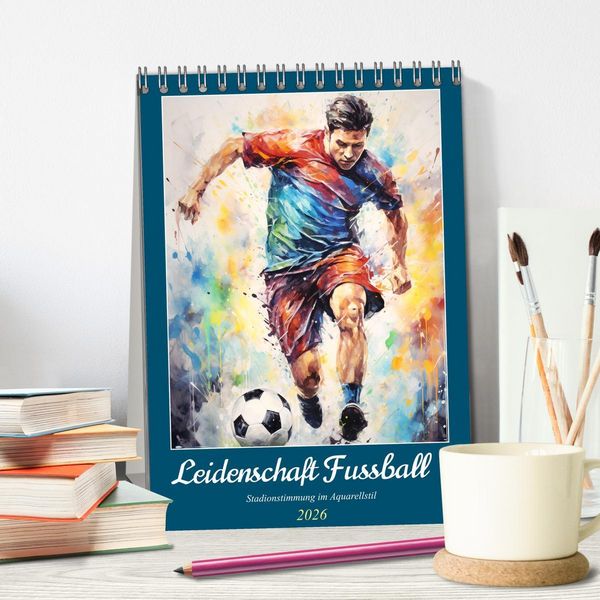 Produktbild: Leidenschaft Fussball. Stadionstimmung im Aquarellstil (Tischkalender 2026 DIN A5 hoch), CALVENDO Monatskalender