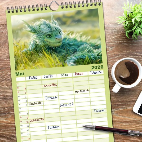 Produktbild: Familienplaner 2026 - Drachen - Verspielt und fluffig mit 5 Spalten (Wandkalender, 21 x 45 cm) CALVENDO