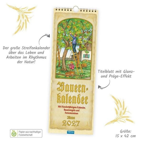 Produktbild: TR&Ouml;TSCH - Maxi-Streifenkalender Bauernkalender 2027 mit Hundertj&auml;hrigem Kalender, Bauernregeln und Ferienterminen
