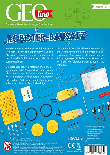 Produktbild: FRANZIS 67158 - GEOlino Roboter Bausatz, Experimentierkasten mit spannenden Roboter-Projekten inkl. Handbuch mit ausf&uuml;hrlicher Anleitung. F&uuml;r Kinder ab 10 Jahren.