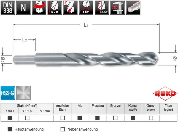 Produktbild: RUKO 2004130 HSS-G Spiralbohrer 13mm Gesamtl&auml;nge 151mm DIN 338 1St.