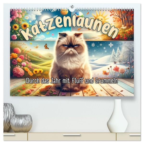 Katzenlaunen - Durch das Jahr mit Fluff und Grummeln (hochwertiger Premium Wandkalender 2025 DIN A2 quer), Kunstdruck in