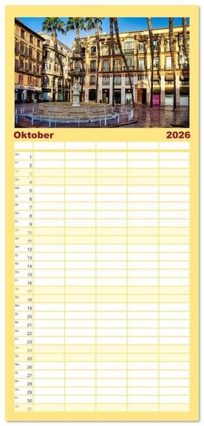 Produktbild: Familienplaner 2026 - Malaga Highlights der Stadt an der Costa del Sol mit 5 Spalten (Wandkalender, 21 x 45 cm) CALVENDO