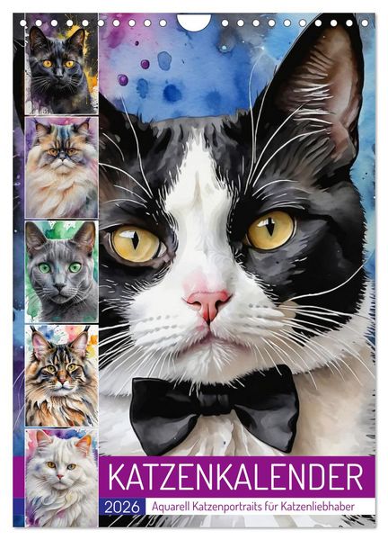 KATZENKALENDER - Aquarell Katzenportraits für Katzenliebhaber (Wandkalender 2026 DIN A4 hoch), CALVENDO Monatskalender