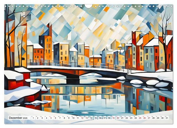 Produktbild: Kubistische Stadtlandschaften - Geometrische Urban Art am Wasser (Wandkalender 2026 DIN A3 quer), CALVENDO Monatskalender