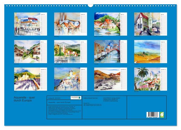 Produktbild: Aquarelle - quer durch Europa (Wandkalender 2026 DIN A2 quer), CALVENDO Monatskalender