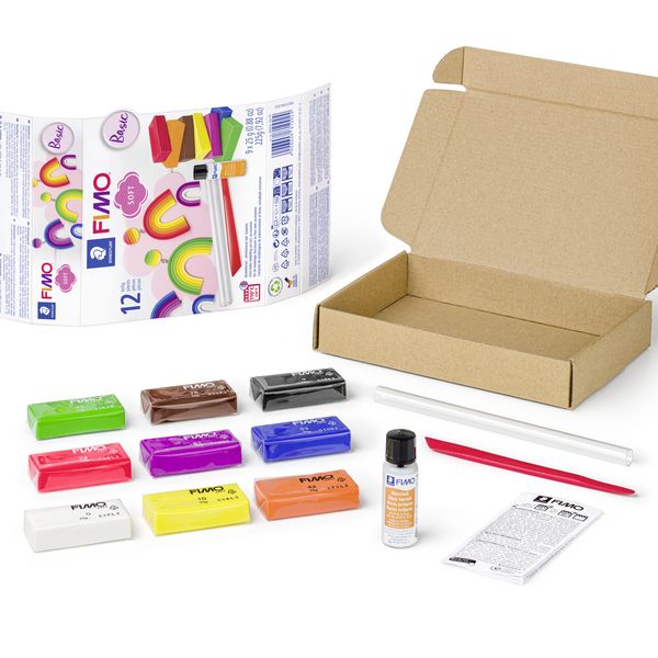 Produktbild: STAEDTLER FIMO soft 8023, ofenhärtende Modelliermasse Basic Set, 9 Halbblöcken 25 g, Glanzlack + Modellierwerkzeug