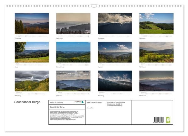 Produktbild: Sauerl&auml;nder Berge (Wandkalender 2026 DIN A2 quer), CALVENDO Monatskalender