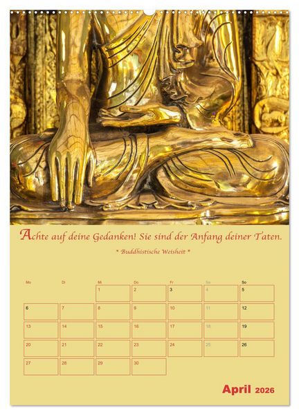 Produktbild: BUDDHA IN GOLD - Mit buddhistischen Spr&uuml;chen (Wandkalender 2026 DIN A2 hoch), CALVENDO Monatskalender