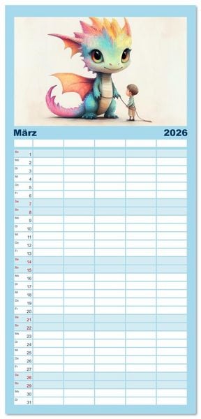 Produktbild: Familienplaner 2026 - Dinozauber &ndash; Wenn Urzeitbewohner zu Freunden werden mit 5 Spalten (Wandkalender, 21 x 45 cm) CALVENDO