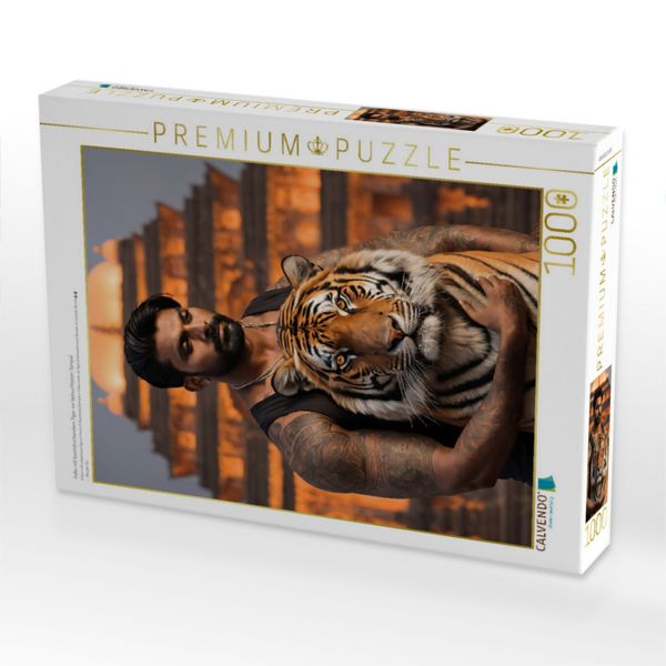 Produktbild: CALVENDO Puzzle Inder mit beeindruckendem Tiger vor beleuchtetem Tempel | 1000 Teile Lege-Gr&ouml;&szlig;e 64x48cm Foto-Puzzle f&uuml;r gl&uuml;ckliche Stunden