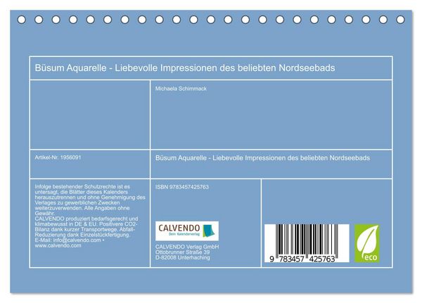 Produktbild: B&uuml;sum Aquarelle - Liebevolle Impressionen des beliebten Nordseebads (Tischkalender 2026 DIN A5 quer), CALVENDO Monatskalender
