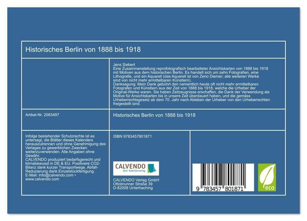 Produktbild: Historisches Berlin von 1888 bis 1918 (Tischkalender 2026 DIN A5 quer), CALVENDO Monatskalender