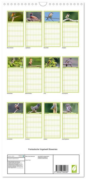 Produktbild: Familienplaner 2026 - Fantastische Vogelwelt Slowenien mit 5 Spalten (Wandkalender, 21 x 45 cm) CALVENDO
