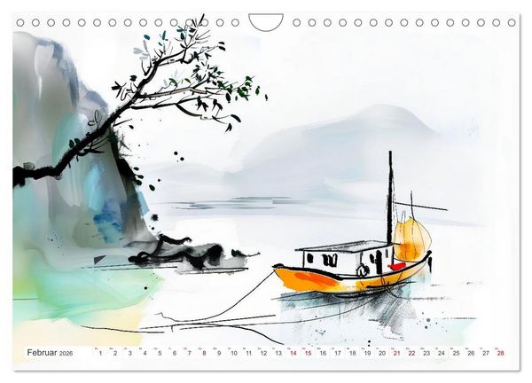 Produktbild: Fernost Impressionen - Tempel und Landschaften in KI-Tuschekunst (Wandkalender 2026 DIN A4 quer), CALVENDO Monatskalender