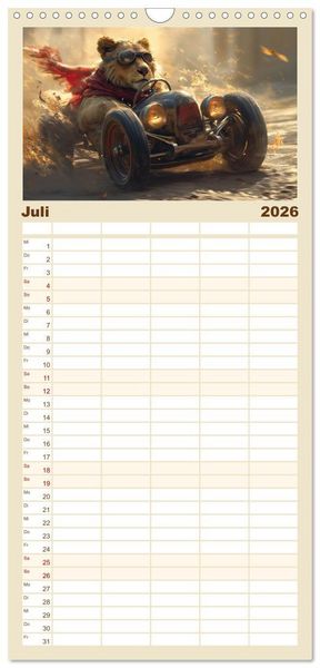 Produktbild: Familienplaner 2026 - Tierische Rennfahrer - Mit Tieren im Oldtimer durch das Jahr mit 5 Spalten (Wandkalender, 21 x 45 cm) CALVENDO