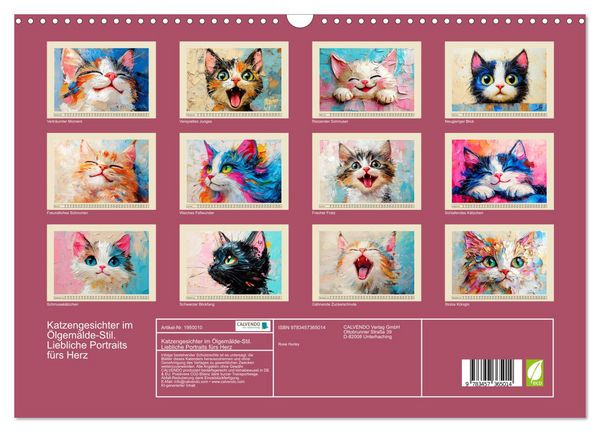 Produktbild: Katzengesichter im &Ouml;lgem&auml;lde-Stil. Liebliche Portraits f&uuml;rs Herz (Wandkalender 2026 DIN A3 quer), CALVENDO Monatskalender