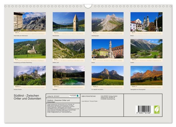Produktbild: S&uuml;dtirol - Zwischen Ortler und Dolomiten (Wandkalender 2026 DIN A3 quer), CALVENDO Monatskalender