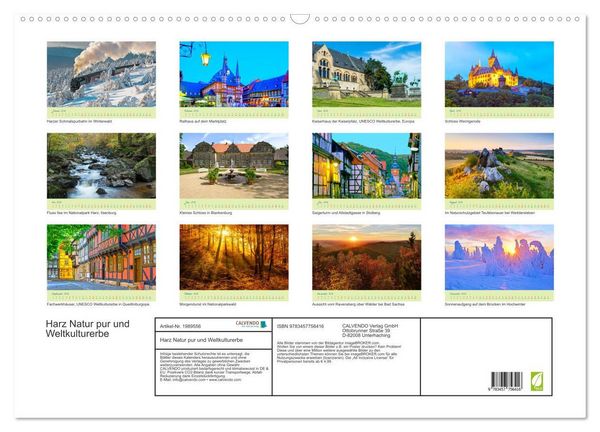 Produktbild: Harz Natur pur und Weltkulturerbe (Wandkalender 2026 DIN A2 quer), CALVENDO Monatskalender