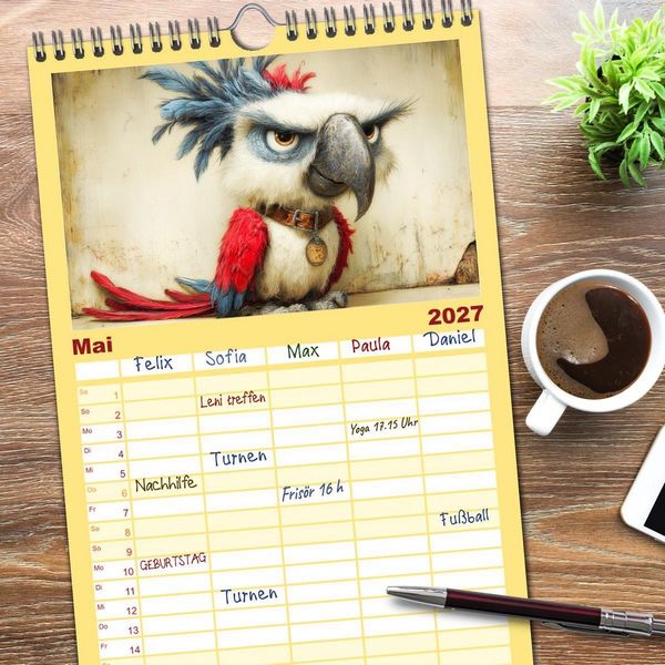 Produktbild: Familienplaner 2027 - Schr&auml;ge V&ouml;gel. Skurrile Portraits mit Charakter und Charme mit 5 Spalten (Wandkalender, 21 x 45 cm) CALVENDO