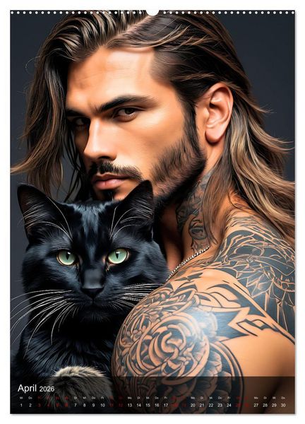 Produktbild: Verschmuste Kerle - Muskeln, Tattoos und Miezekatzen (hochwertiger Premium Wandkalender 2026 DIN A2 hoch), Kunstdruck in Hochglanz