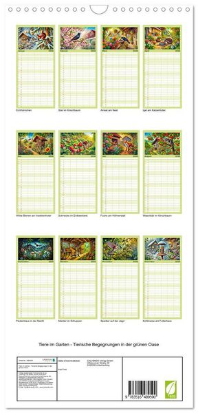Produktbild: Familienplaner 2026 - Tiere im Garten - Tierische Begegnungen in der gr&uuml;nen Oase mit 5 Spalten (Wandkalender, 21 x 45 cm) CALVENDO