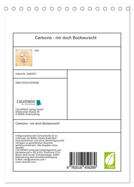 Produktbild: Cartoons - mir doch Bockwurscht (Tischkalender 2026 DIN A5 hoch), CALVENDO Monatskalender