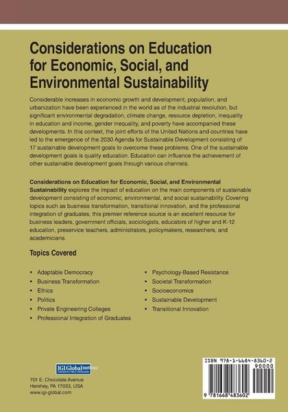 Produktbild: Considerations on Education for Economic, Social, and Environmental Sustainability