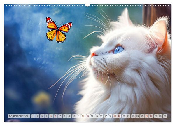 Produktbild: Die Katze und der Schmetterling (hochwertiger Premium Wandkalender 2026 DIN A2 quer), Kunstdruck in Hochglanz