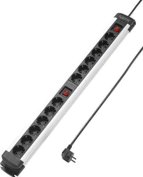 Produktbild: Sygonix SY-4538268 Steckdosenleiste mit Schalter 12fach Schwarz, Silber Schutzkontakt 1St.