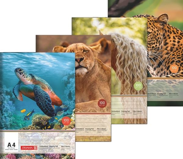 Brunnen Zeichenblock A4, 100g/m², 1 Block, 20 Blatt, Tiermotive