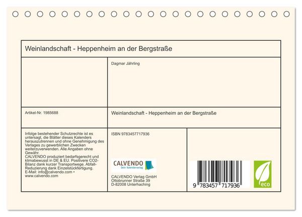 Produktbild: Weinlandschaft - Heppenheim an der Bergstra&szlig;e (Tischkalender 2026 DIN A5 quer), CALVENDO Monatskalender