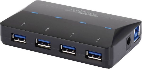 Produktbild: Renkforce RF-3806031 USB-Hub 4 Port USB-A USB 3.0 5 GBit/s mit Schnellladeport, mit Status-LEDs Schwarz