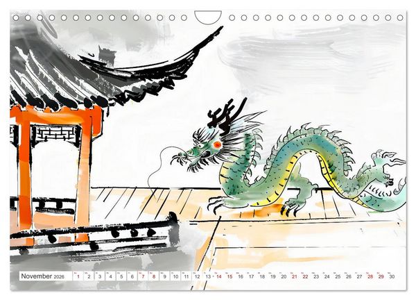 Produktbild: Fernost Impressionen - Tempel und Landschaften in KI-Tuschekunst (Wandkalender 2026 DIN A4 quer), CALVENDO Monatskalender