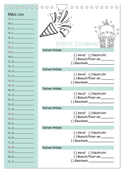 Produktbild: Geburtstagsplaner Doodle Tiere - F&uuml;r Termine, Geschenke, Eventdetails & mehr (Wandkalender 2026 DIN A4 hoch), CALVENDO Monatskalender
