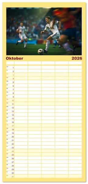 Produktbild: Familienplaner 2026 - Fu&szlig;ball - Dynamik am Ball mit 5 Spalten (Wandkalender, 21 x 45 cm) CALVENDO