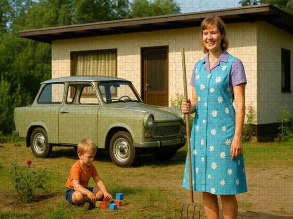 Produktbild: CALVENDO Puzzle Das kleine Gl&uuml;ck mit Datsche und Kittelsch&uuml;rze und Trabant 601 | 1000 Teile Lege-Gr&ouml;&szlig;e 64x48cm Foto-Puzzle f&uuml;r gl&uuml;ckliche Stunden