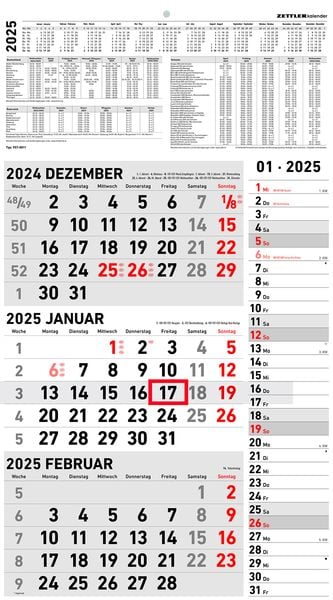 3-Monatskalender Kombi 2025 - Büro-Kalender 33x45 cm (geöffnet) mit Datumsschieber - Zettler - 957-0011