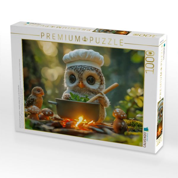 Produktbild: CALVENDO Puzzle S&uuml;&szlig;e Eule kocht am Lagerfeuer - K&ouml;stliche Waldgerichte von der Eulenk&ouml;chin | 1000 Teile Lege-Gr&ouml;&szlig;e 64x48cm Foto-Puzzle f&uuml;r gl&uuml;ckliche Stunden