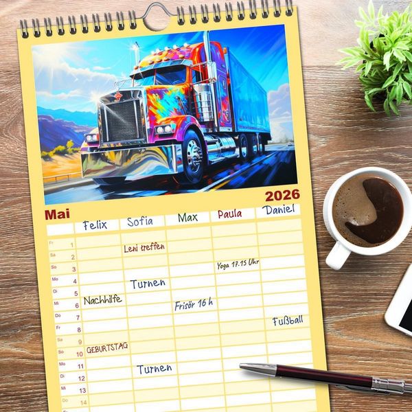 Produktbild: Familienplaner 2026 - Langhauber Paintings. Trucks in lebendigen Farben mit 5 Spalten (Wandkalender, 21 x 45 cm) CALVENDO
