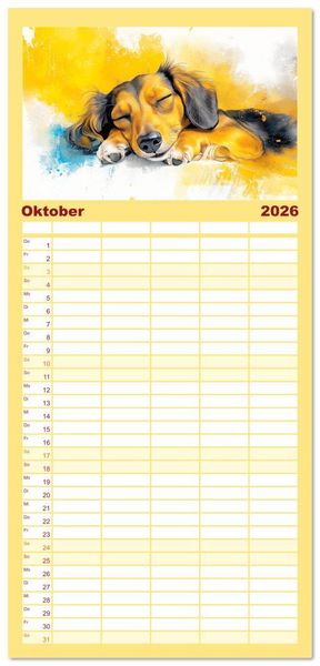 Produktbild: Familienplaner 2026 - Dackelzauber. Charmante Begleiter im lieblichen Aquarell-Stil mit 5 Spalten (Wandkalender, 21 x 45 cm) CALVENDO