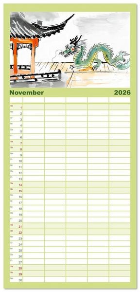 Produktbild: Familienplaner 2026 - Fernost Impressionen - Tempel und Landschaften in KI-Tuschekunst mit 5 Spalten (Wandkalender, 21 x 45 cm) CALVENDO