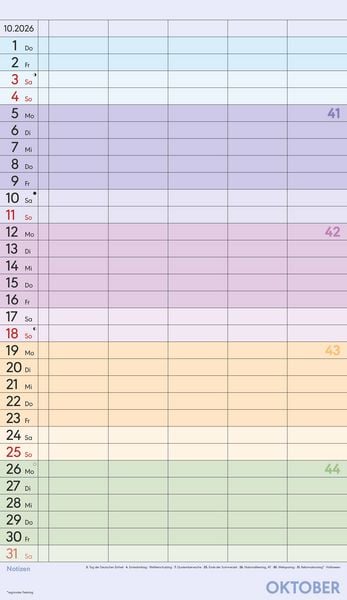Produktbild: Superplaner Farbenfroh 2026 - 5 Spalten - Familienkalender 26x45 cm - Offset-Papier - mit Ferienterminen - Wandkalender - Wandplaner